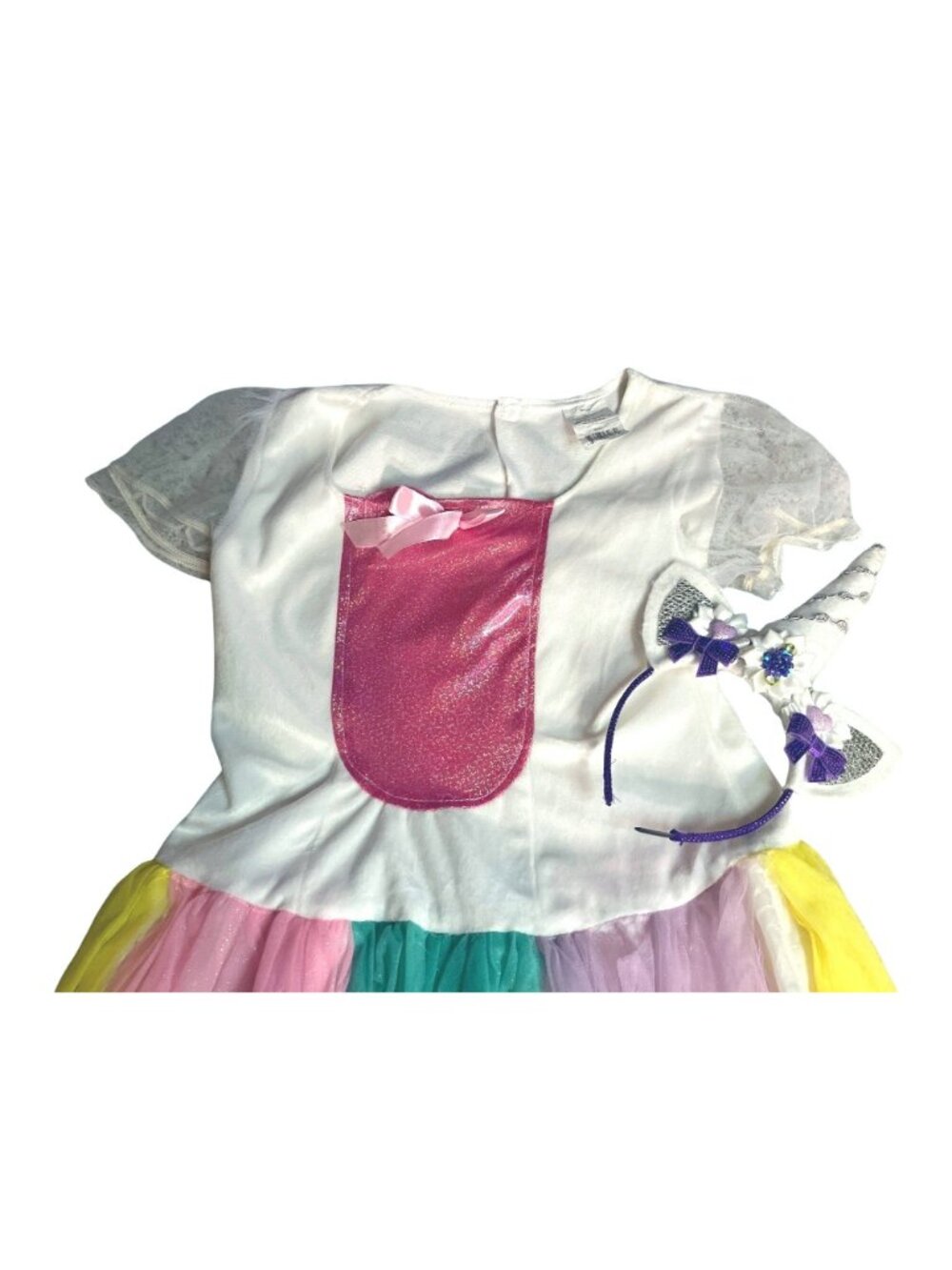 Unicorn Costume Dress and Headband Set Multicolor Tulle Skirt Girls Size Large - Picture 2 of 11